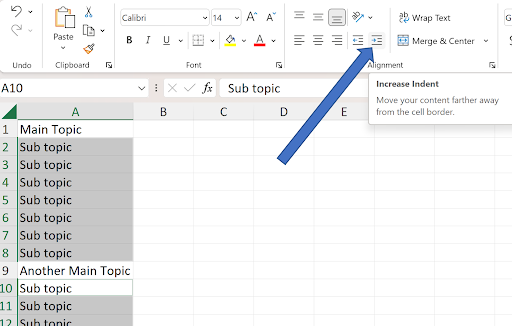 Increase and decrease indent buttons in Excel ribbon