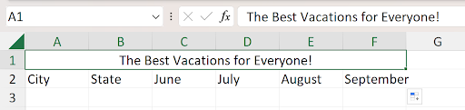 Example of merged cells creating a spanning header across columns A through F