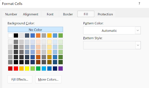 Format Cells Fill tab showing background color and pattern options