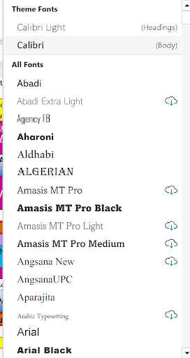 Excel font dropdown menu showing various font options