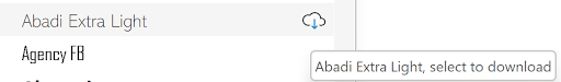 Cloud font tooltip showing download option for Abadi Extra Light font