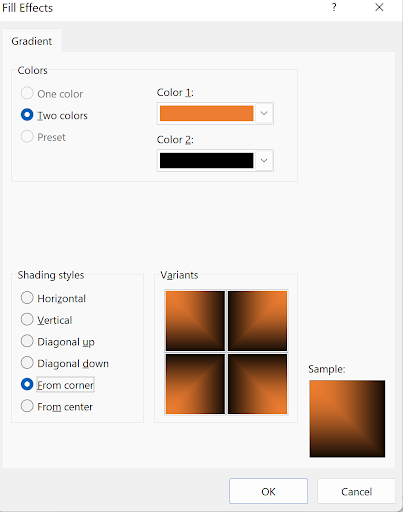 Fill Effects dialog showing gradient options for cell backgrounds