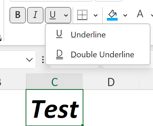 Text formatting buttons showing Bold, Italic, and Underline options with 'Test' formatted in bold and italic