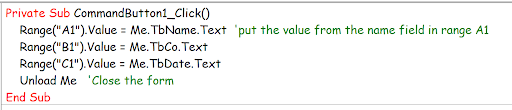 Screenshot of VBA code editor showing OK button with data transfer code and comments