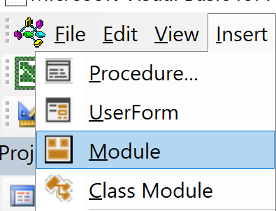 Screenshot of VBA Editor Insert menu with Module option highlighted
