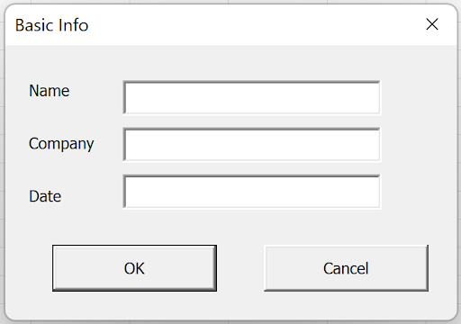 Screenshot of a completed UserForm with Name, Company, and Date fields, plus OK and Cancel buttons