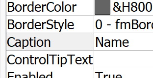 Screenshot of Properties window showing updated Caption property set to 'Name'