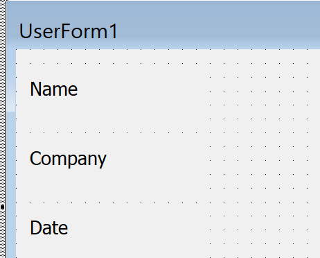 Screenshot of UserForm with Name, Company, and Date labels