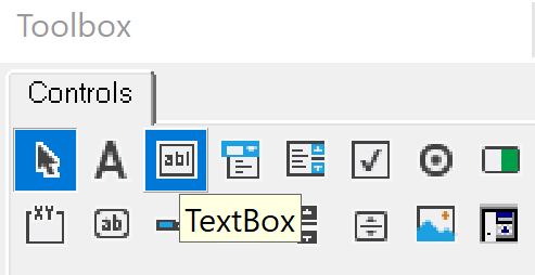 Screenshot of Toolbox with TextBox control highlighted