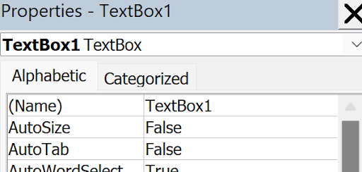Screenshot of Properties window showing TextBox1 properties
