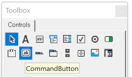 Screenshot of Toolbox with CommandButton control highlighted