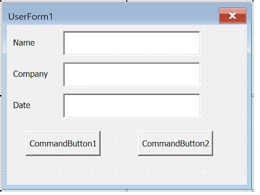 Screenshot of UserForm with two CommandButton controls added