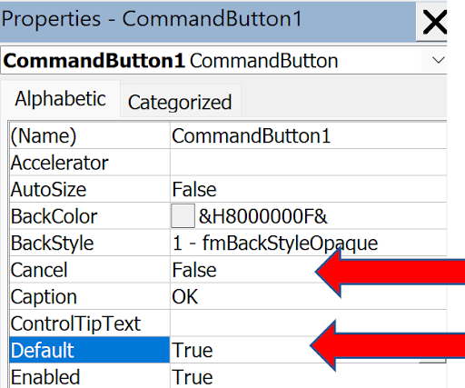 Screenshot of Properties window showing OK button with Default property set to True