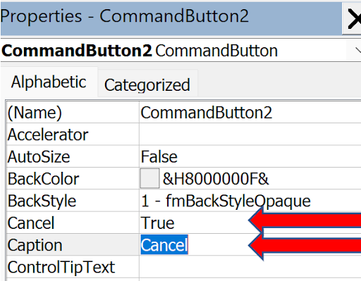Screenshot of Properties window showing Cancel button with Cancel property set to True