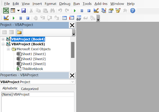 Screenshot of the VBA Editor interface showing the Project Explorer and main code window