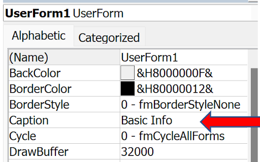 Screenshot of Properties window showing UserForm with Caption property set to 'Basic Info'