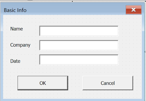 Screenshot of completed UserForm with 'Basic Info' title, three input fields with labels, and OK/Cancel buttons