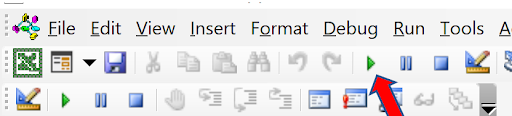 Screenshot of VBA Editor toolbar with Run button highlighted