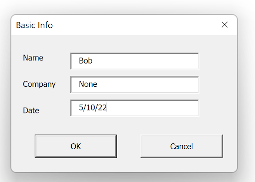 Screenshot of the UserForm running in Excel with sample data filled in