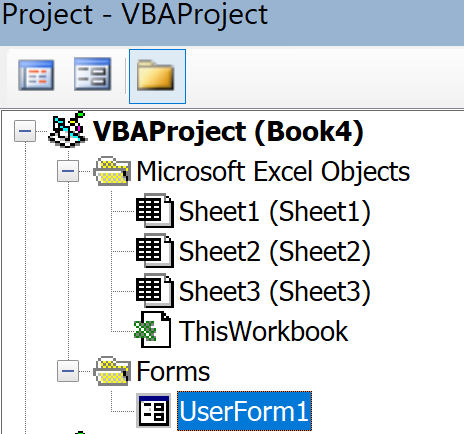 Screenshot of VBA Project Explorer with UserForm1 highlighted