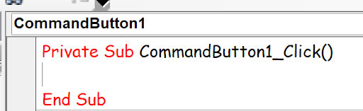 Screenshot of VBA code editor showing empty OK button event handler