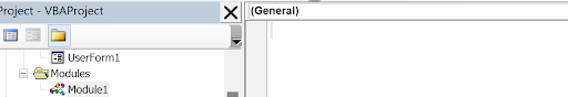 Screenshot of VBA Editor with new Module1 created and empty code window