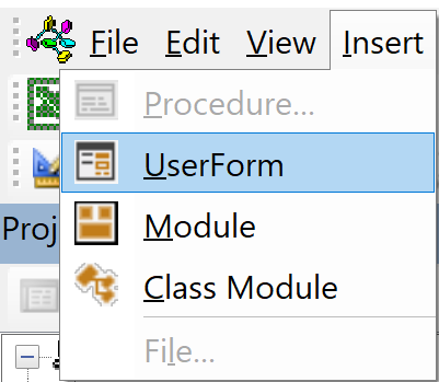 Screenshot of VBA Editor Insert menu with UserForm option highlighted