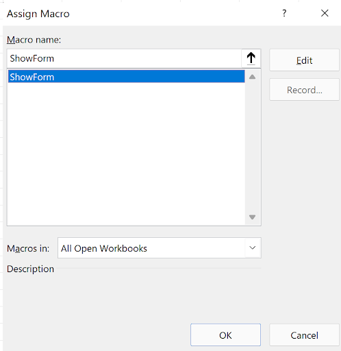 Screenshot of Assign Macro dialog box showing ShowForm in the list of available macros