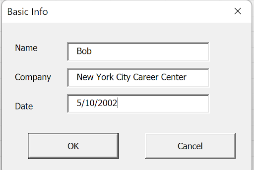Screenshot of UserForm with sample data filled in and cursor hovering over OK button