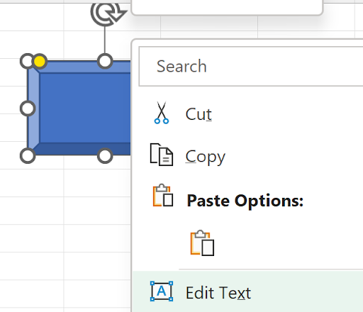 Screenshot of a blue rectangular shape in Microsoft Excel with a right-click context menu open, showing options like Cut, Copy, Paste, and Edit Text.