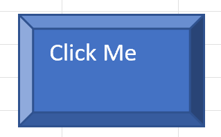 Screenshot of a blue, three-dimensional rectangular button labeled 'Click Me' in a Microsoft Excel worksheet.