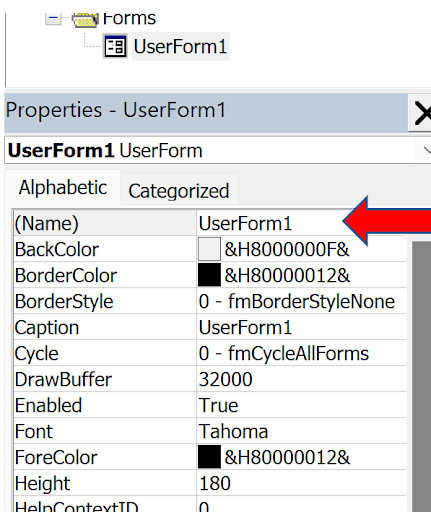 Screenshot of Properties window showing UserForm1 properties including Name, Caption, and other settings