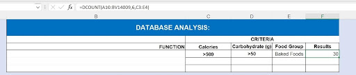 DCOUNT function example showing counting of baked foods with specific nutritional criteria