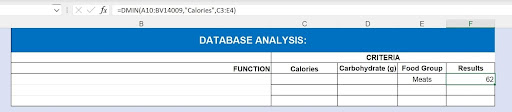 DMIN function identifying lowest calorie meat product with Food Group filtering