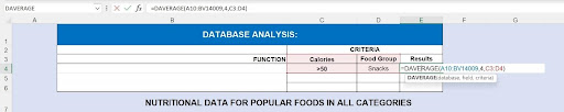 Arguments range setup showing DAVERAGE function with multiple criteria columns