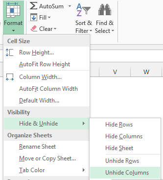 Excel Format menu showing Hide & Unhide options with Unhide Columns highlighted