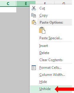 Excel spreadsheet with columns C through E selected to unhide column D