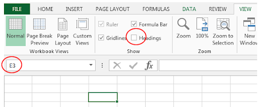 Excel spreadsheet with headings turned off showing hidden column confusion