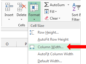 Screenshot of Microsoft Excel's Home tab with the Format drop-down under Cell Size visible, showing options like Row Height, AutoFit Row Height, Column Width (highlighted by a red arrow), and AutoFit Column Width.