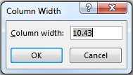 Excel Column Width dialog box showing current width value