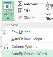 Screenshot of the Excel 'Format' dropdown under the Home tab, displaying cell size options including Row Height, AutoFit Row Height, Column Width, and AutoFit Column Width.