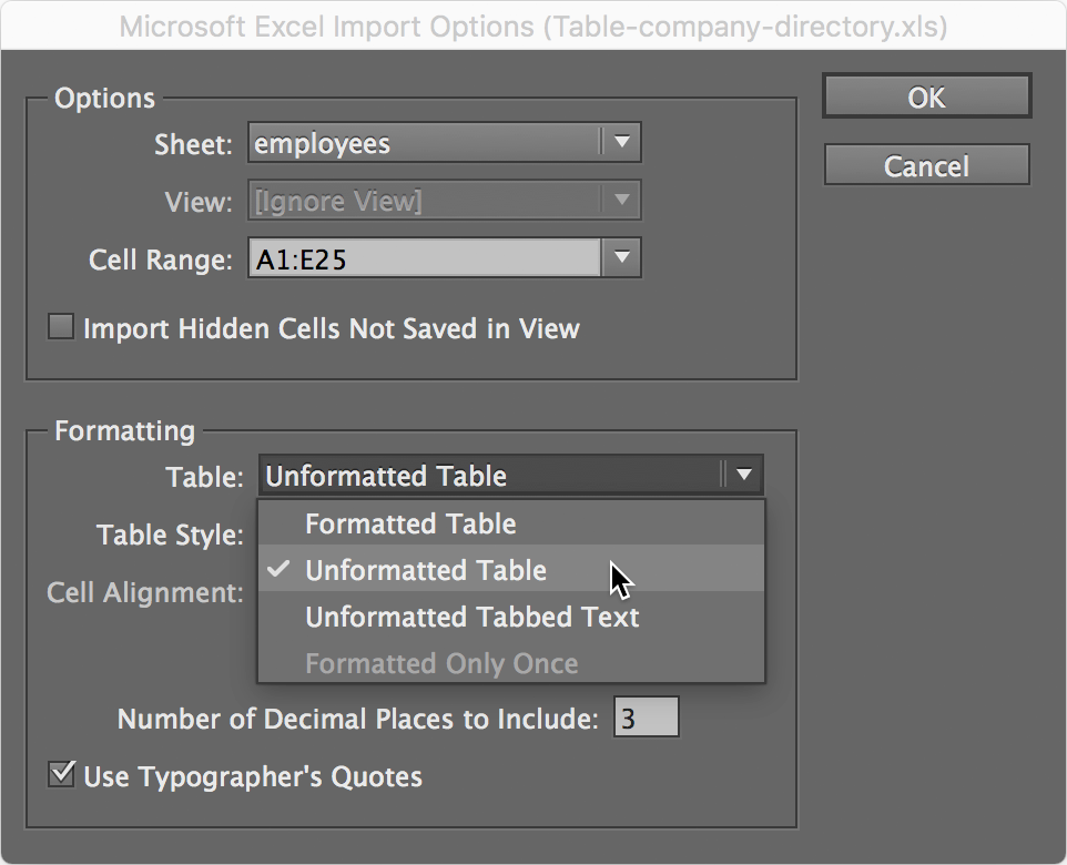 table import options