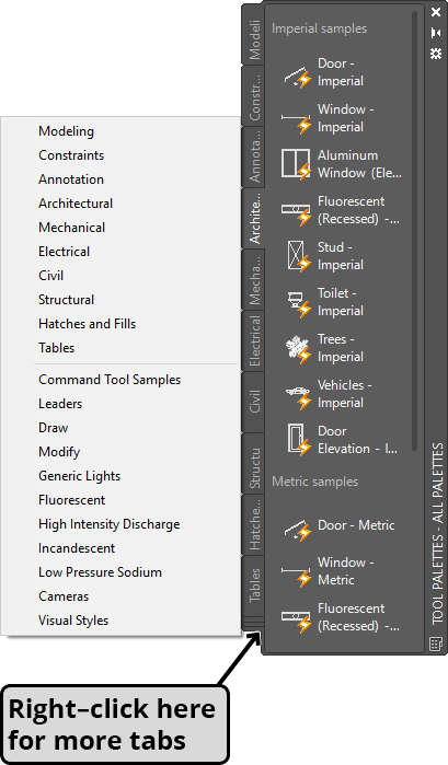 tool palettes right click for more