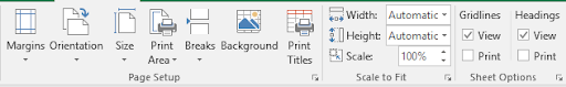 Excel Page Layout tab showing various formatting options including Margins, Orientation, Size, Print Area, and Breaks