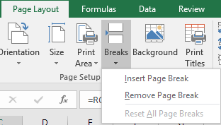 Page Breaks dropdown menu showing Insert Page Break, Remove Page Break, and Reset All Page Breaks options