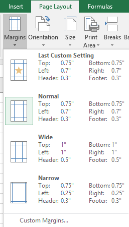 Excel Margins dropdown menu showing preset options including Normal, Wide, Narrow, and Custom Margins