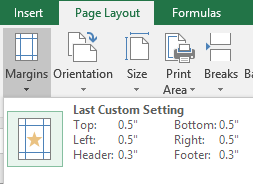Updated Margins dropdown menu showing the custom 0.5 inch setting at the top as Last Custom Setting