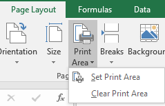 Print Area dropdown menu showing Set Print Area, Clear Print Area, and Add to Print Area options