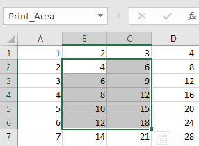 Excel worksheet showing Print_Area selected in the Name Box with a highlighted cell range B2:C6