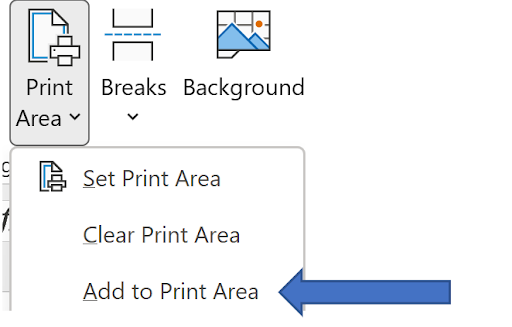Updated Print Area menu showing the additional Add to Print Area option